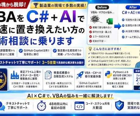 VBAをC#＋AIで置き換える技術相談に乗ります 【現役エンジニアが多数の実績を元に解決策をサポート】 イメージ1