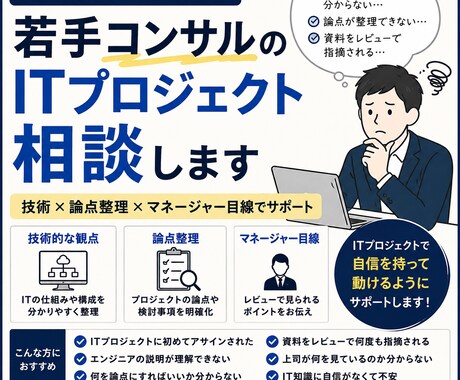 若手コンサルのITプロジェクト相談を受け付けます ITが分からないまま奮闘する若手コンサルへ イメージ1