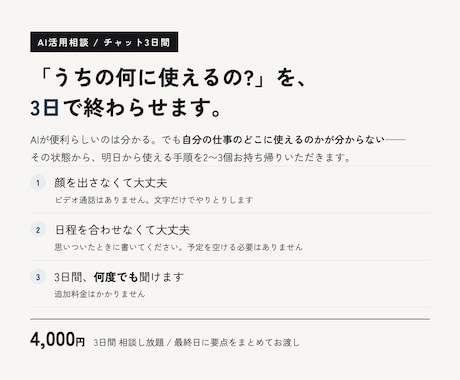 AIの使い方、3日間チャットでお答えします 顔出しも日程調整も不要。3日間、何度でも聞けます イメージ1