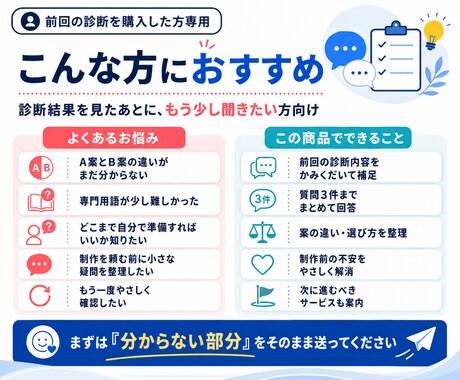 診断後の追加相談に答えます 前回の診断結果をもとに疑問を3件まで整理 イメージ2