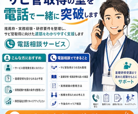 サビ管取得の壁を電話相談で一緒に突破します 推薦枠・実務経験・研修要件を整理しサビ管取得を伴走支援します イメージ1