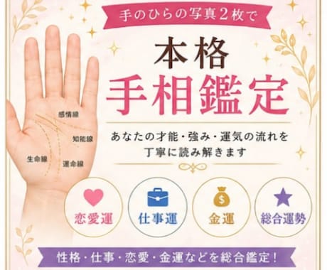 手のひらの写真2枚で本格手相鑑定します 性格・仕事・恋愛・金運を丁寧に鑑定 イメージ1