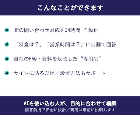 サイト埋め込み型のAIチャットボットを作ります あなたのサイトに、自動で問い合わせ対応するAIを設置します イメージ2
