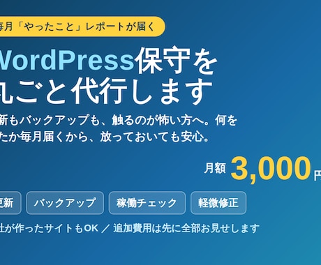毎月やったことが届くWordPress保守します 更新もバックアップも怖くない。毎月レポートが届くから安心。 イメージ1
