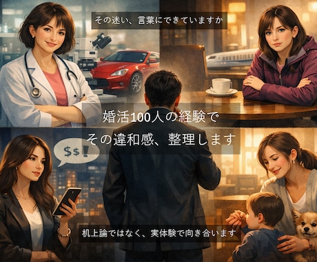 婚活100人の経験から相談に乗ります その違和感、言語化します。 婚活100人の経験で整理します。 イメージ1