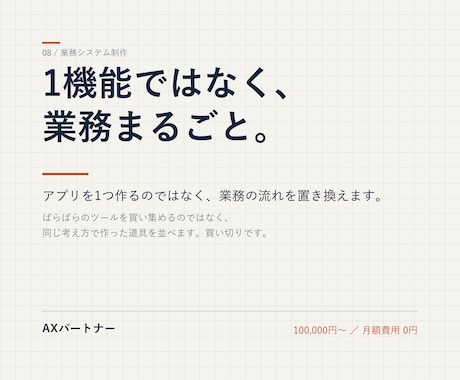 業務システムを丸ごと、御社専用でつくります 1機能ではなく、業務まるごと。買い切りです。 イメージ1