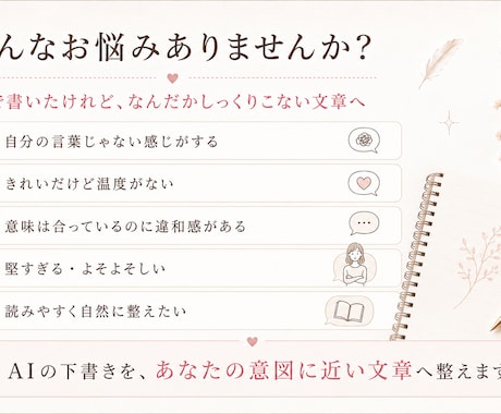 AI文章をあなたらしい言葉に整えます 意図や温度を残し、自然に伝わる文章へ戻します イメージ2