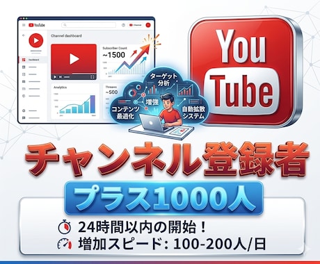 Youtubeチャンネル登録者1000人増やします 24時間以内の開始！増加スピード: 50-200人/日 イメージ1