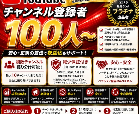 YouTubeチャンネル登録者100人増やします 収益化可能/減少なし/保証付き/アクティブユーザー/実績多数 イメージ1