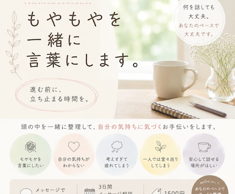 言葉にならないモヤモヤを、一緒に言葉にします 進む前に、立ち止まる。形のない気持ちに、「言葉」という形を。 イメージ1