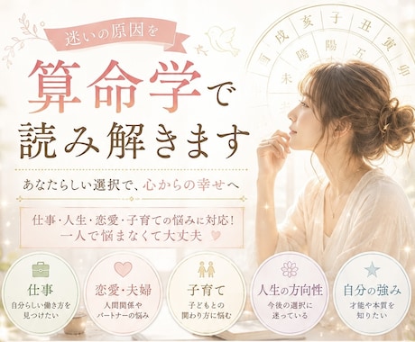 迷いの原因を算命学で読み解きます 仕事・人生･恋愛・子育ての悩みに対応！一人で悩まなくて大丈夫 イメージ1