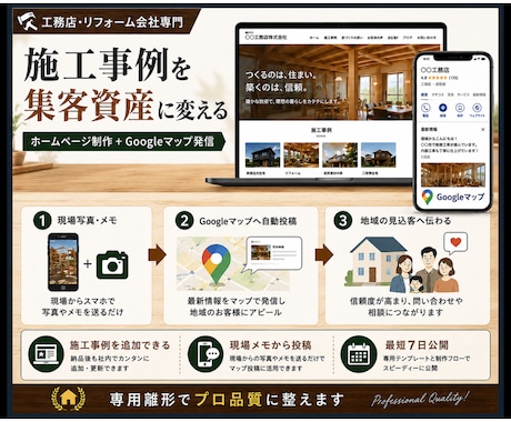 施工事例を資産化・工務店HPとマップ集客作ります 専用雛形で素人でもプロの仕上がり。現場からの自動投稿も対応 イメージ1