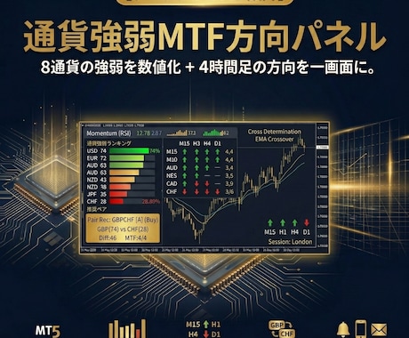 8通貨の強弱ランキングと推奨ペアを自動表示します 現在の最強通貨×4つの時間足の方向一覧で通貨選びに迷わない イメージ1