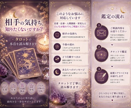 相手の気持ち・今後の流れを丁寧に読み解きます タロットで紐解き今どう動くべきかを具体的にお伝えします。 イメージ1