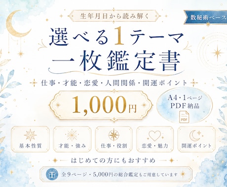 生年月日から選べる1テーマを一枚で鑑定します 仕事・才能・恋愛などから、知りたいテーマを1つ読み解きます イメージ1