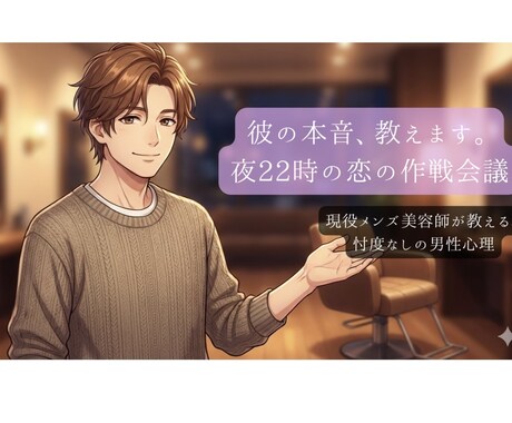 現役メンズ美容師が彼の本音と脈あり度を診断します 年2千人接客のプロが男視点であなたの恋をサポートします。 イメージ1