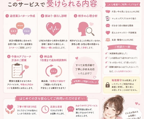 女性目線でのLINEの返信を考えます 気になる異性への返信もお任せ下さい！ イメージ2