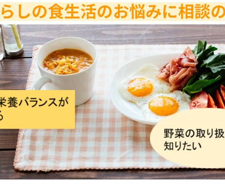 一人暮らしの料理、食生活に関するお悩み相談乗ります 管理栄養士が料理や食生活に関する疑問に答えます イメージ1