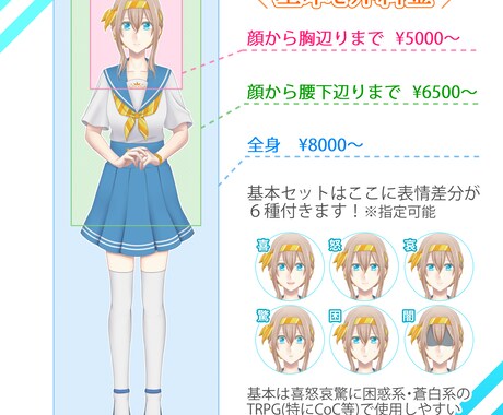 表情差分6種付き！立ち絵制作致します TRPG/動画/ゲーム等の立ち絵を制作致します！ イメージ2