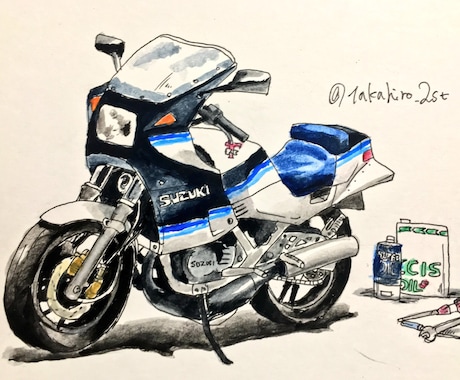 水彩画   バイク 旧車 イラスト イメージ1