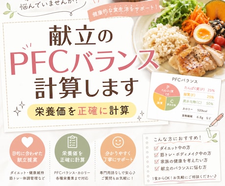 献立のPFCバランス計算します 献立の栄養価とPFCバランスを正確に算出 イメージ1