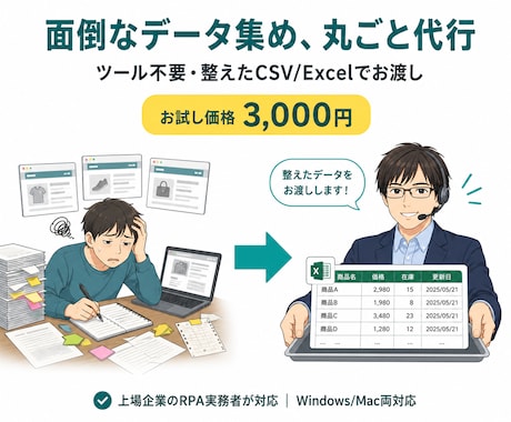 Webサイトのデータ収集・抽出を代行します ツール不要・CSVで納品/3,000円のお試し価格 イメージ1