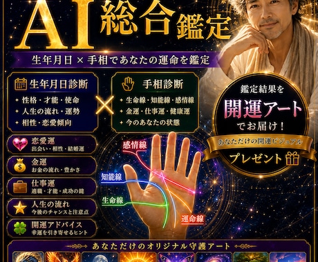 生年月日×手相であなたの運命をAIで総合鑑定します 恋愛・仕事・金運・人生の流れまで！優しく丁寧に鑑定します｡ イメージ1