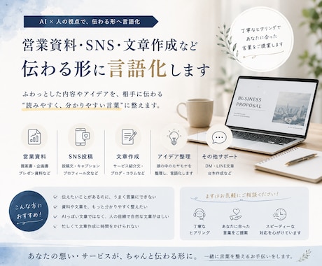 営業資料・文章作成など、伝わる形に言語化します 資料・文章・発信内容を自然に整えます イメージ1