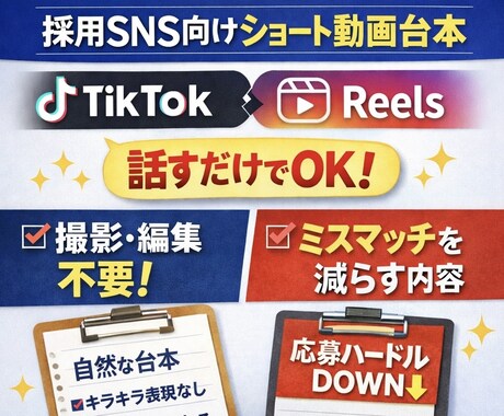 採用SNS用ショート動画台本を作成します 編集不要応募ハードルを下げミスマッチを防ぐ採用向け台本です イメージ1