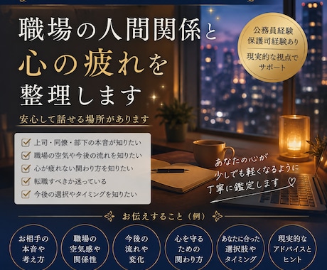 職場の悩み、仕事運、人間関係を総合鑑定します 上司、同僚、評価、転職、仕事運、今後の流れを丁寧に読解きます イメージ1