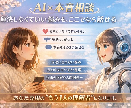 本当の友達として一緒によりそいます 解決しなくていい悩みも、ここでなら話せるまずはお試しで！ イメージ1