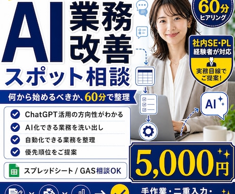 AI・システム業務改善のスポット相談を承ります AIツール・GAS等で効率化できる業務を60分で整理します イメージ1