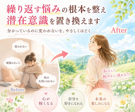 繰り返す悩みの根本を整え、潜在意識を置き換えます 分かっているのに変われない原因を見つけ自分らしく進める状態へ イメージ1