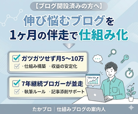 伸び悩むブログを1ヶ月の伴走で仕組み化します 7年継続ブロガーが並走｜ガツガツせず月5〜10万を目指す方へ イメージ1