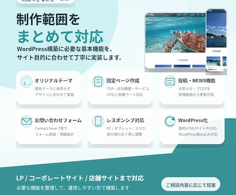 WordPressサイトを高品質に構築します スマホ対応・更新機能まで、丁寧に構築します。 イメージ2