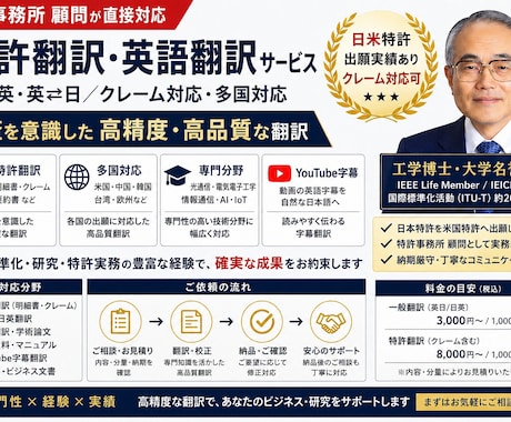 特許翻訳|米国出願実績・クレーム対応・多国対応ます 特許事務所顧問|日米特許出願実績・審査対応レベルの高品質翻訳 イメージ1
