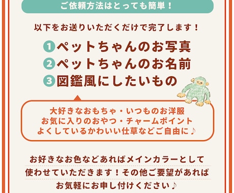 世界にひとつのウチのこ似顔絵図鑑風アート作ります おもちゃ、おやつ、仕草などを散りばめた図鑑風似顔絵です！ イメージ2