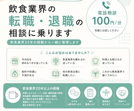 飲食業界の転職・退職の相談に乗ります 飲食業界25年の経験から一緒に整理します イメージ1