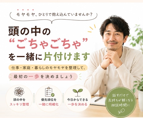 頭の中の「ごちゃごちゃ」を一緒に片付けます 仕事・家庭・暮らしのモヤモヤを整理して、最初の一歩を決めます イメージ1