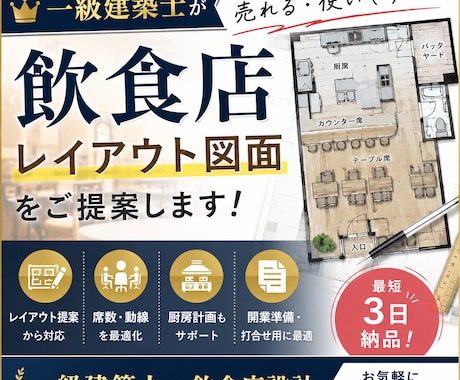 一級建築士が飲食店・店舗のレイアウト図面作成します 限られた面積でも席数・動線を考えた最適プランを作成します！ イメージ1