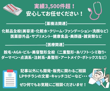 医療広告ガイドラインを遵守した広告表現を提案します 広告実績3,500件以上！【資格】薬機法管理者・景表法検定 イメージ2