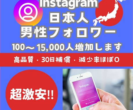 インスタ日本男性フォロワーを100人以上増やします 超激安⚡目指せインスタグラマー⚡30日間減少保証付き イメージ1