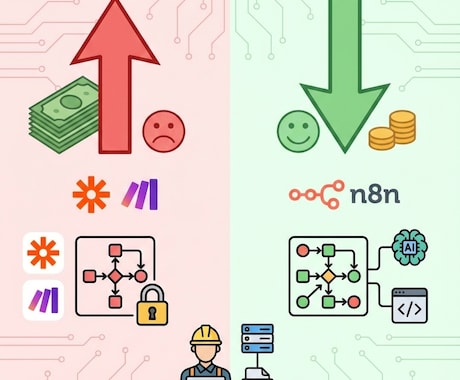n8nでコスト激減＆複雑なAI自動化を構築します 現役エンジニアが、制限のない高度なフローを構築します。 イメージ1