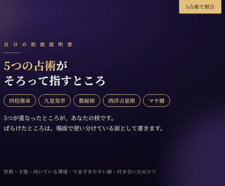 あなたの取扱説明書を5つの占術で作ります 5つが重なったところが、あなたの核です。2,000字以上 イメージ1