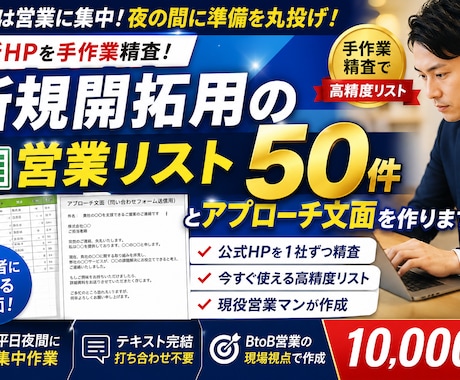 新規開拓用営業リスト50件とアプローチ文面作ります 最新HPを手作業精査！即戦力の営業リストとアプローチ文面作成 イメージ1