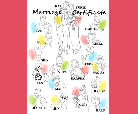 胸位までの似顔絵入り結婚証明書描きます オシャレな線画＊オプションで全データお渡し！席札などにも イメージ1