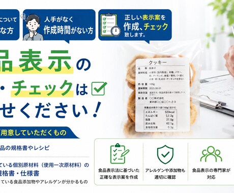配合整理、栄養計算、食品表示案を作成します 人手がなく作成時間がない方、食品表示案を作成ご提案致します。 イメージ1