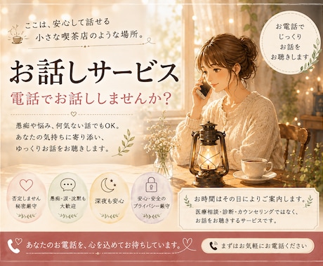 誰かと話したい時に。お電話でゆっくりお話しします 「ちょっと聞いてよ」からで大丈夫。気軽にお電話ください。 イメージ1