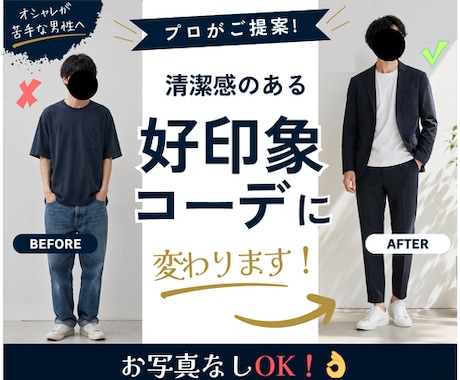 男性限定！あなたに合う好印象な1コーデを見つけます ファッション初心者、自信がない方、服装を変えたい方、大歓迎！ イメージ1