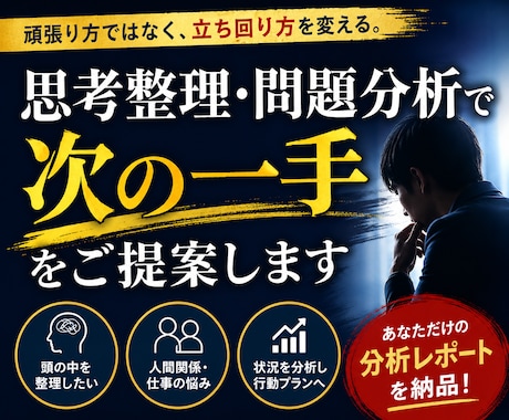 思考整理・問題分析で次の一手をご提案します 頑張り方ではなく、立ち回り方を変えます。 イメージ1